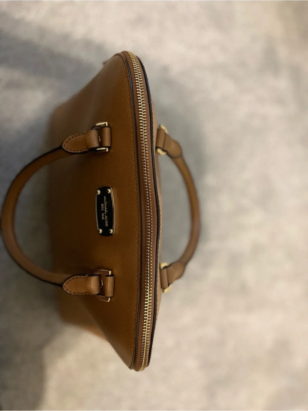Michael Kors Cognac Pebbled Leather Dome Satchel with Gold Plaque